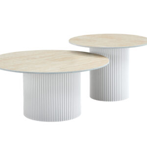TABLE BASSE GIGOGNE MINA PIED BLANC PLATEAU CERAMIQUE TRAVERTIN MAT 60x45cm + 80x38cm