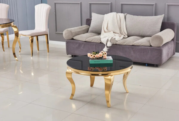 Table basse ronde baroque Gold et plateau en verre de 80 cm