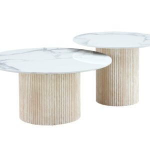 TABLE BASSE GIGOGNE MINA PIED TRAVERTIN PLATEAU CERAMIQUE MARBRE BLANC (BLB) 60x45cm + 80x38cm