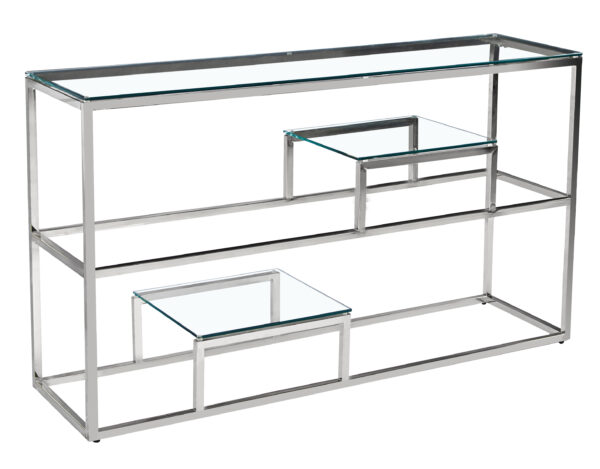 CONSOLE ROMY A ETAGERE EN CHROME TRANSPARENT 120x40x80 cm