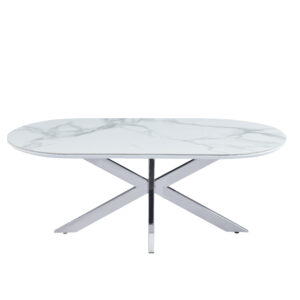 TABLE BASSE MANON PIED CHROME PLATEAU CERAMIQUE MARBRE BLANC 120X60CM