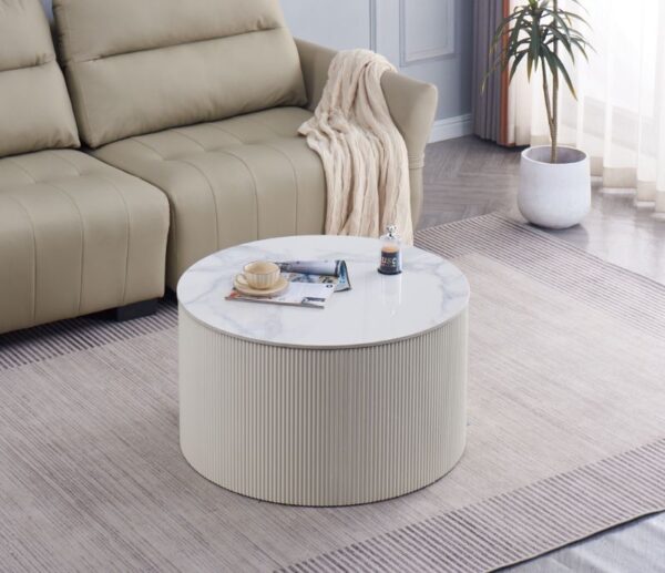 TABLE BASSE VALMY PIEDS BEIGE PLATEAU CERAMIQUE MARBRE BLANC 80X45