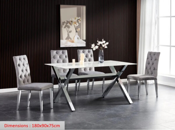 Table à manger IXE chrome XXL plateau marbre blanc 180 cm