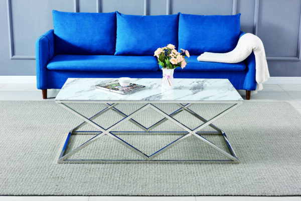 TABLE BASSE TRIANGLE CHROME MARBRE BLANC 120x60 cm