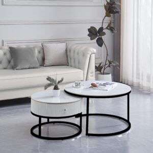 TABLE BASSE GIGOGNE SAMIRA METAL NOIR TIROIR CERAMIQUE MARBRE BLANC 80+60CM