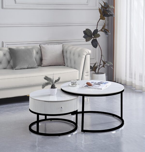 TABLE BASSE GIGOGNE SAMIRA METAL NOIR TIROIR CERAMIQUE MARBRE BLANC 80+60CM