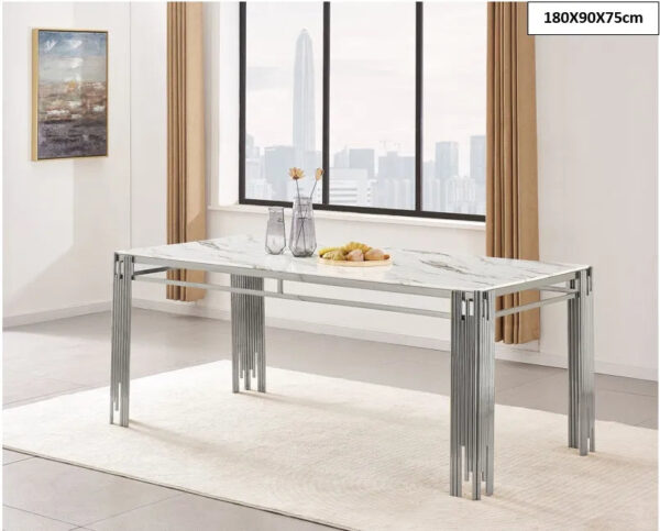 Table à manger XXL FLUTE Chrome Plateau en verre Marbré 180 cm