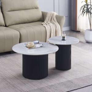 TABLE BASSE GIGOGNE POLPO PIED NOIR PLATEAU CERAMIQUE MARBRE GRIS 70X70X38 + 50X50X45