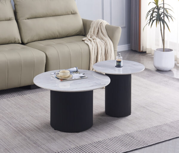 TABLE BASSE GIGOGNE POLPO PIED NOIR PLATEAU CERAMIQUE MARBRE GRIS 70X70X38 + 50X50X45
