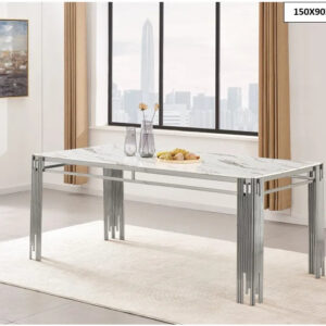 Table à manger FLUTE Chrome Plateau en verre Marbré 150 cm