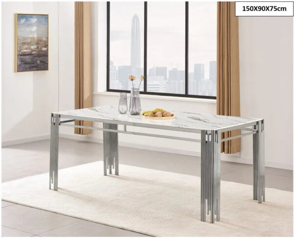 Table à manger FLUTE Chrome Plateau en verre Marbré 150 cm