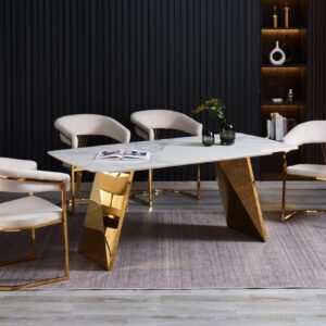 TABLE A MANGER GRAFFI PIED GOLD PLATEAU EN CERAMIQUE MARBRE BLANC180x90x75cm
