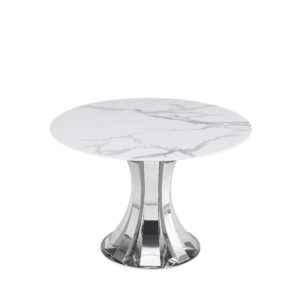 TABLE A MANGER RONDE JUDITH CHROME PLATEAU CERAMIQUE MARBRE BLANC 120cm