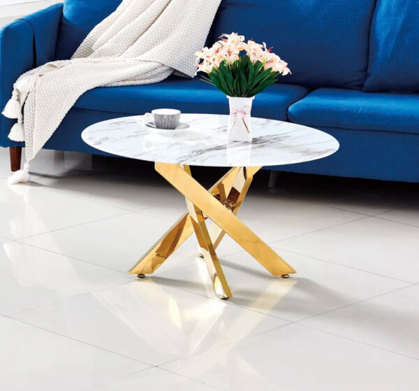 Table basse ronde JESSY pieds Gold et plateau en verre 80 cm