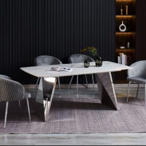 TABLE A MANGER GRAFFI PIED CHROME PLATEAU EN CERAMIQUE MARBRE BLANC180x90x75cm