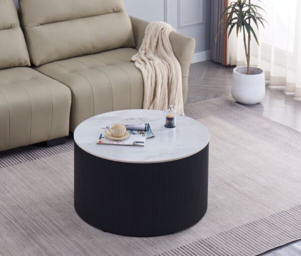 TABLE BASSE VALMY PIEDS NOIR PLATEAU CERAMIQUE MARBRE BLANC 90X45
