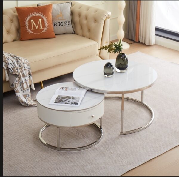 TABLE BASSE GIGOGNE NOVELA PIED CHROME PLATEAU CERAMIQUE MARBRE BLANC 80+60