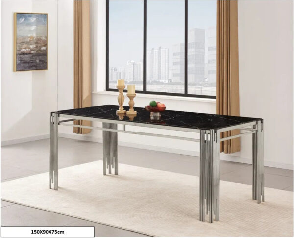 Table à manger FLUTE Chrome Plateau en verre Marbré 150 cm