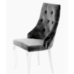 CHAISE CLOUTE TETE DE LION VELOURS ANTHRACITE