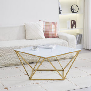 TABLE BASSE ALINA GOLD VERRE MARBRE BLANC 80x80x45cm