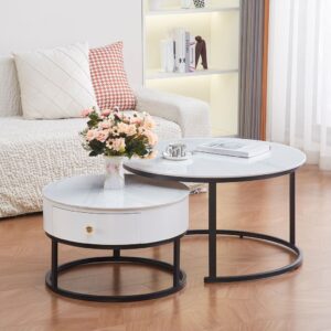 Table basse gigogne avec tiroir NOVELA Plateau céramique Marbre blanc