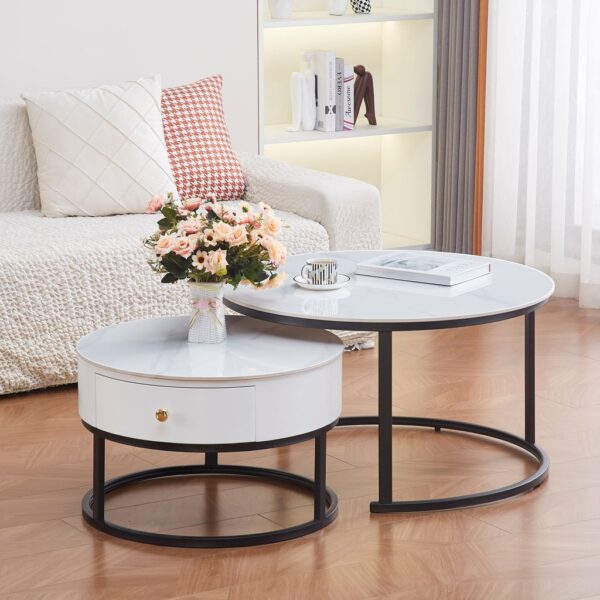 Table basse gigogne avec tiroir NOVELA Plateau céramique Marbre blanc