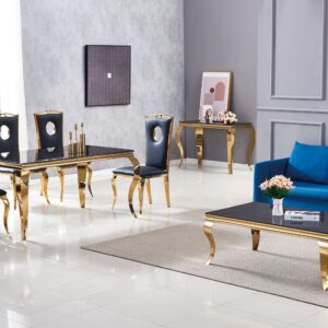 Table à manger BAROQUE 6 à 8 couverts pieds gold plateau en verre 180x90 cm