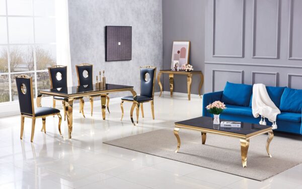 Table à manger BAROQUE 6 à 8 couverts pieds gold plateau en verre 180x90 cm