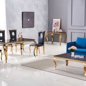 Table à manger BAROQUE 4 à 6 couverts pieds gold plateau en verre 150x90 cm