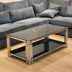 TABLE BASSE FLUTE CHROME NOIR ET MARBRE NOIR 120x60x45 cm