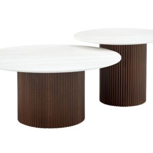 TABLE BASSE GIGOGNE MINA PIED BOIS NOYER PLATEAU CERAMIQUE BOIS BLANC 60x45cm + 80x38cm