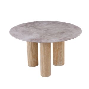 TABLE REPAS ANAÏS PIEDS TRAVERTIN PLATEAU CERAMIQUE MARBRE GRIS 120CM