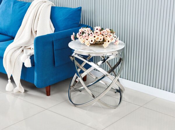 GUERIDON EVOL CHROME MARBRE BLANC 50x55 cm