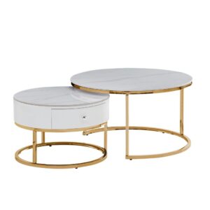 TABLE BASSE GIGOGNE NOVELA PIED GOLD PLATEAU CERAMIQUE MARBRE BLANC 80+60
