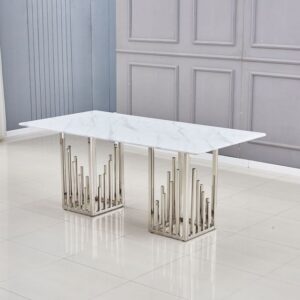 TABLE REPAS STALAX CHROME MARBRE BLANC 180x90 cm