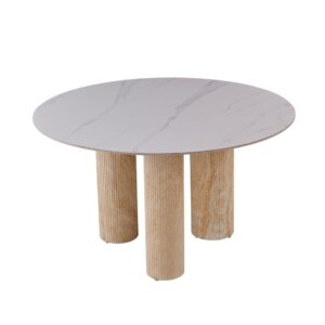 TABLE REPAS ANAÏS PIEDS TRAVERTIN PLATEAU CERAMIQUE MARBRE BLANC 120CM
